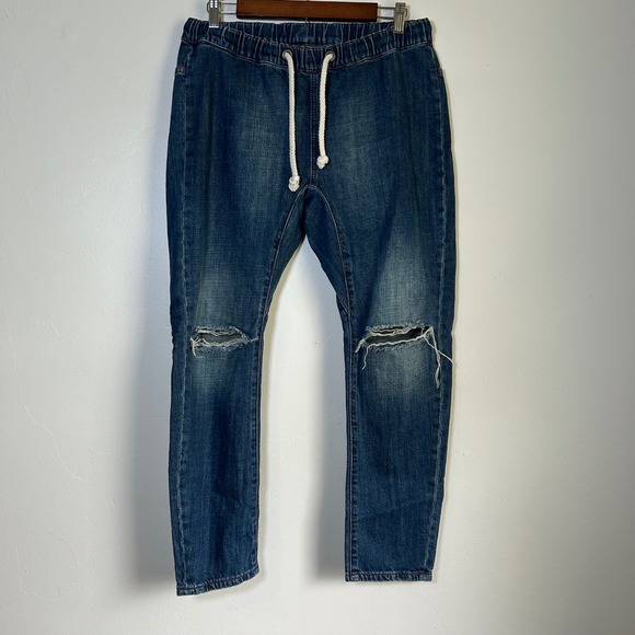 Oneteaspoon Pants - EUC OneTeaspoon Denim Joggers Size Small Blue Distressed Elastic Waist
